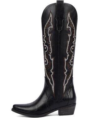Women's Black Leather Cowgirl Boot Almond Toe Side Zipper with Chunky Heel